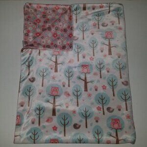 RN 119741 Pink OWLS Fleece Baby Blanket Reversible Lovey Bird Blue Trees Flowers